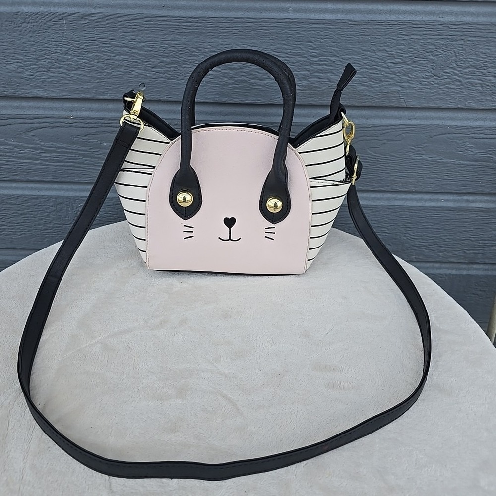Betsey Johnson Pink & Black Cat Motif Crossbody Bag